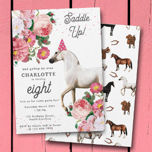 Convite Cavalo Branco Floral Rosa Garota Vaqueira Aniversá