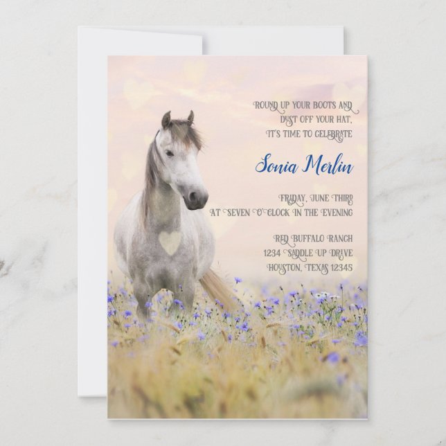 Convite Cavalo Branco Fofo Flor Roxa Feminino Chic (Frente)