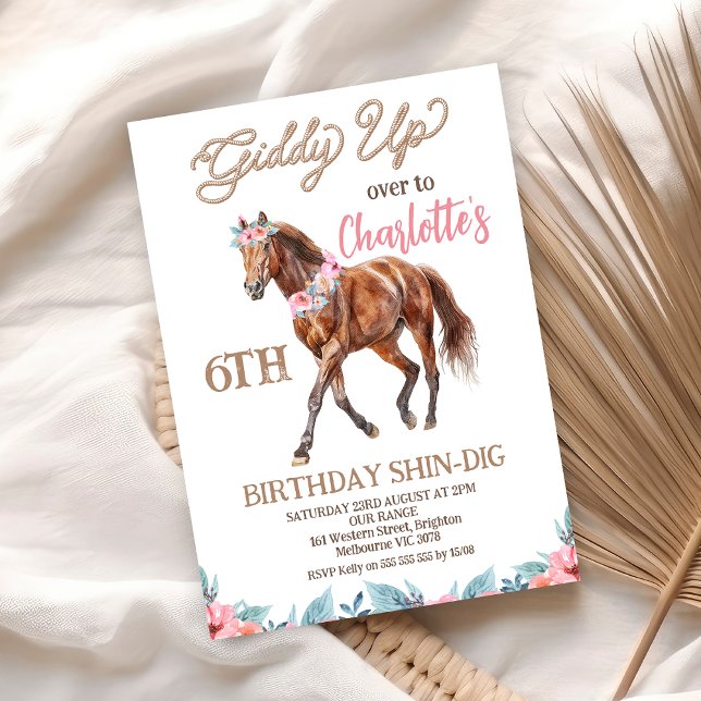 Convite Cavalo Castanho Ocidental Giddy Up Aniversário (Girls Giddy Up Horse Birthday Invitation Gallop Over Horse Birthday Invitation Pony Birthday Invite)