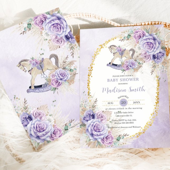 Convite Cavalo de Balanço Bebê Boho Pampas Grama Floral Ro (Criador carregado)