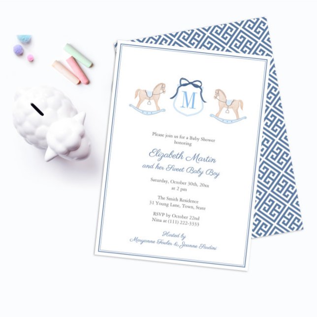 Convite Cavalo de Balanço com Monograma para Churrasco de  (Preppy Navy Blue And White Watercolor Wooden Rocking Horse Baby Shower Invitation for boy)