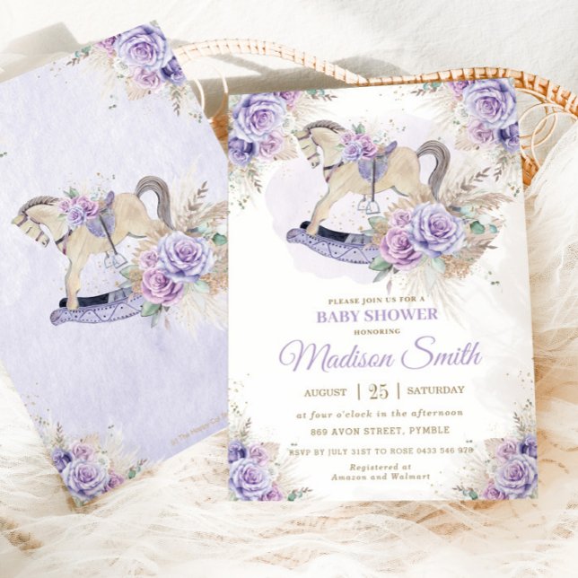 Convite Cavalo de Balanço Floral Roxo Boho Capim das Pampa (Criador carregado)