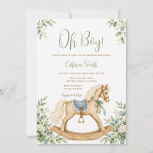 Convite Cavalo de Balanço Oh Boy Baby Shower Verde Floral