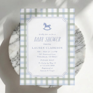 Convite Cavalo de Balanço Preppy Azul e Xadrez Verde-Babag