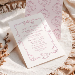 Convite Cavalo de balanço Toile de Jouy Rosa Banho de Bebê