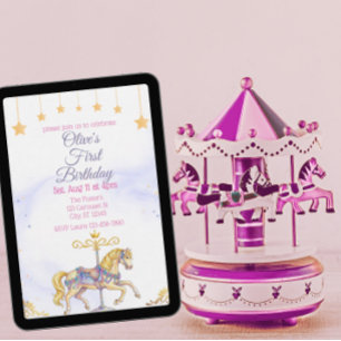 Convite Cavalo de Carrossel Aquarela Rosa Dourado Aniversá
