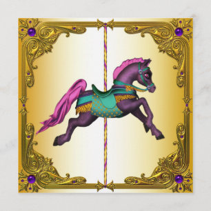 Convite Cavalo de Carrossel Pônei Roxo Festa de Aniversári