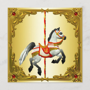 Convite Cavalo de Carrossel Vermelho e Dourado Festa de An