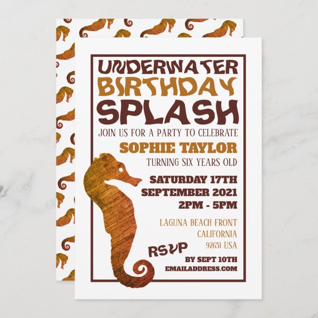 Convite Cavalo de mar russo, Festa de aniversário aquática (Frente/Verso)