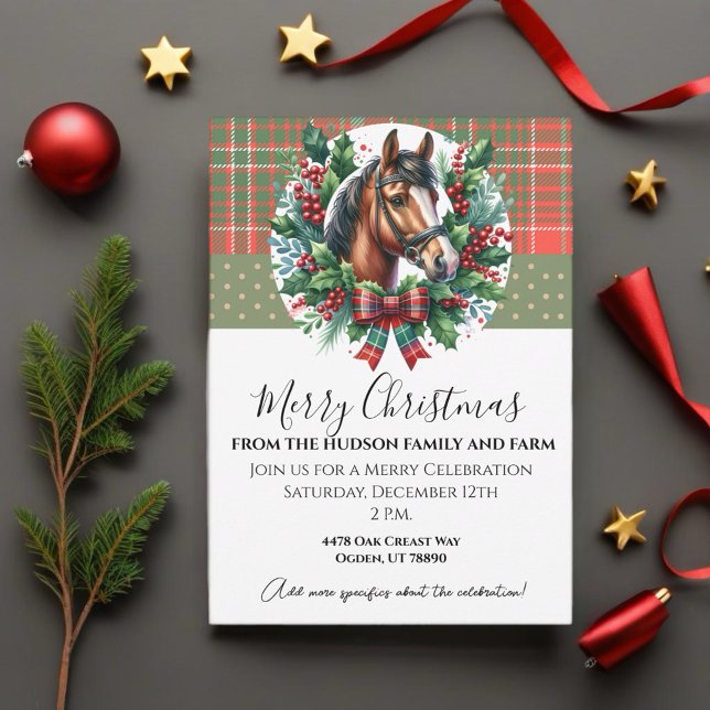 Convite Cavalo de Natal com Xadrez e Grinalda  (Enjoy this Festive Christmas design! Customize with your favorite holiday event or greeting. )