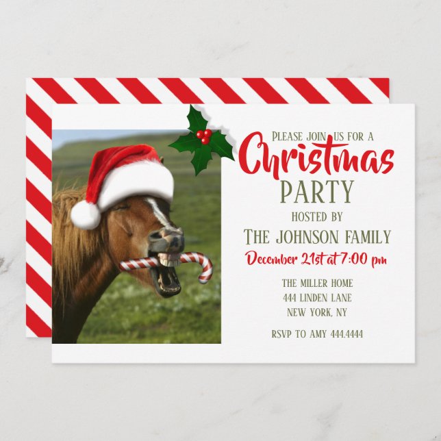 Convite Cavalo de Natal engraçado com o chapéu de Papai No (Frente/Verso)