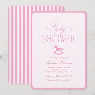 Convite Cavalo de Pau Vintage Listra Rosa Chá de Bebê Meni