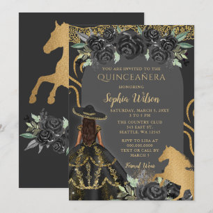 Convite Cavalo Dourado Negro Charra Floral Charra Quinceañ