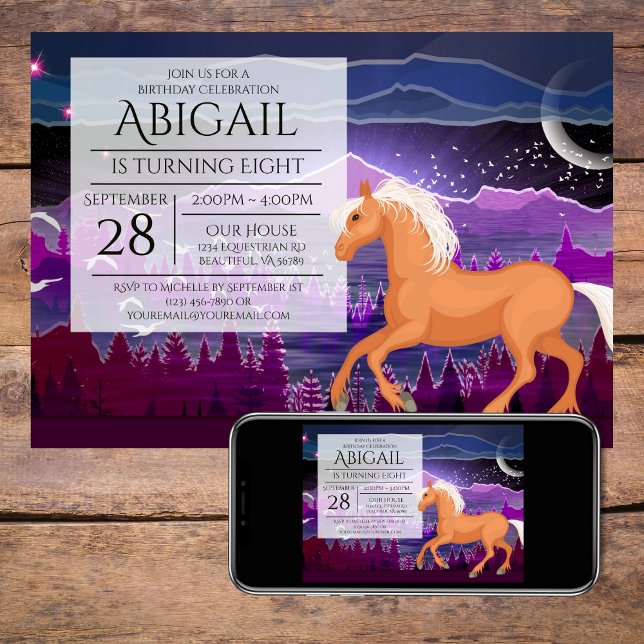 Convite Cavalo e Montanhas Roxo e Azul Aniversário (Horse and Mountains Purple and Blue Birthday Invitation)