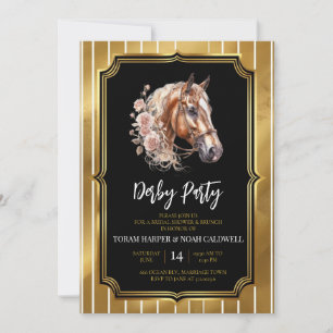 Convite Cavalo em Aquarela Preto e Dourado de Luxo Kentuck