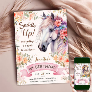 Convite Cavalo Feliz 1º Aniversário Menina Flores Rosa Sad
