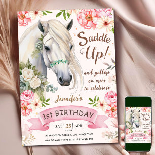 Convite Cavalo Feliz 1º Aniversário Menina Rosa Floral Sad