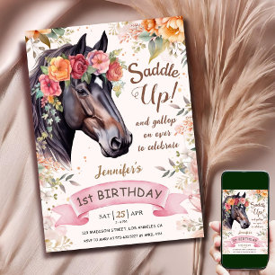 Convite Cavalo Feliz 1º Aniversário Menina Rosa Vaqueira S