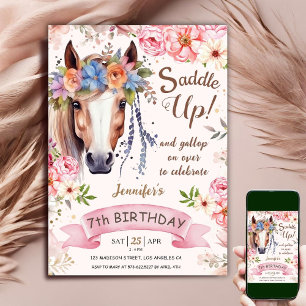 Convite Cavalo Feliz Aniversário de 7 anos Menina Boho Flo