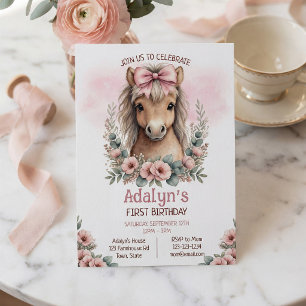 Convite Cavalo Floral Rosa Fofo Aniversário de 1 ano