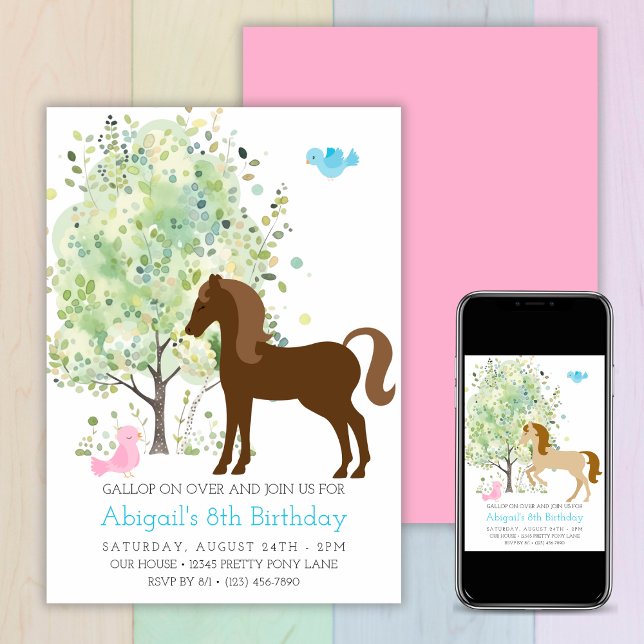Convite Cavalo Justo, Árvores, Pôneas Andam Aniversário Eq (Cute Horse, Trees, Pony Rides Equestrian Birthday Invitation)