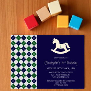 Convite Cavalo Mecedor Preppy Argyle 1º Aniversário
