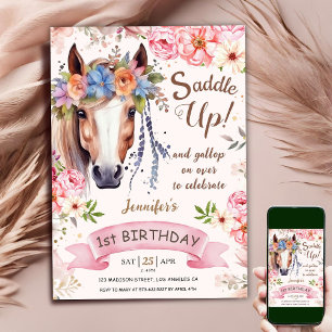 Convite Cavalo Menina de 1º Aniversário Rosa Floral Cowgir