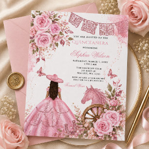 Convite Cavalo Ocidental Rosa Floral Charra Quinceañera