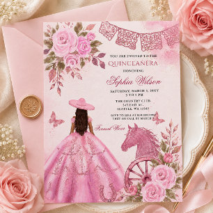 Convite Cavalo Ocidental Rosa Floral Charra Quinceañera