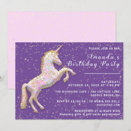 Convite Cavalo Rosa Dourado do Unicórnio Confetti Roxo