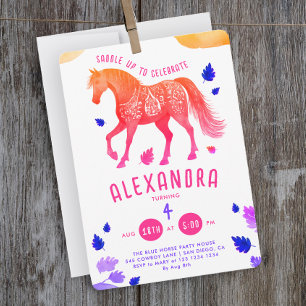 Convite Cavalo Rosa Roxo Derbi Pônei Aquarela Fofo