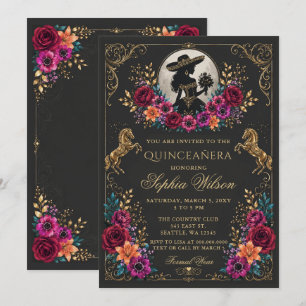 Convite Cavalo Western Ouro Preto Floral Charra Quinceañer