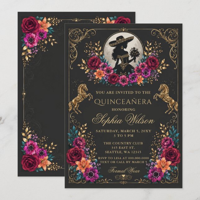Convite Cavalo Western Ouro Preto Floral Charra Quinceañer (Frente/Verso)