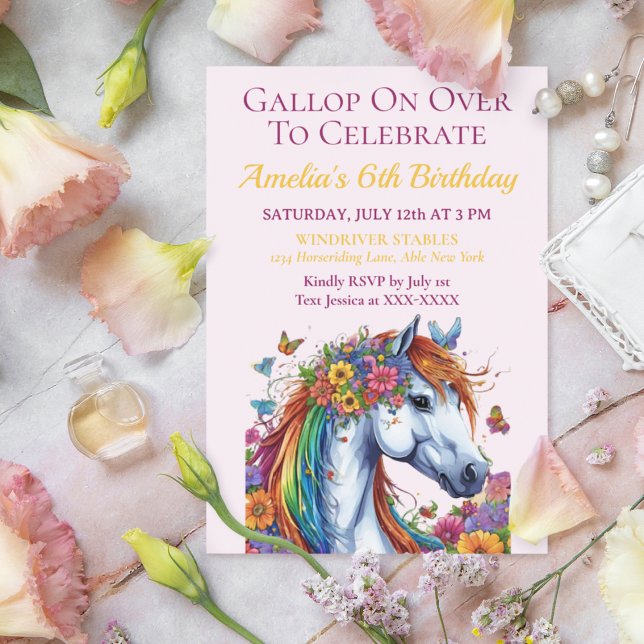 Convite Cavalo Whimsso Aniversário Equestre Floral (Whimsical Floral Horse Birthday Invitation)