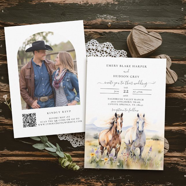 Convite Cavalos de Flores Selvagens Pintando Casamento Rus (country wedding invitation rustic western barn watercolor cowboy horses wildflowers calligraphy)