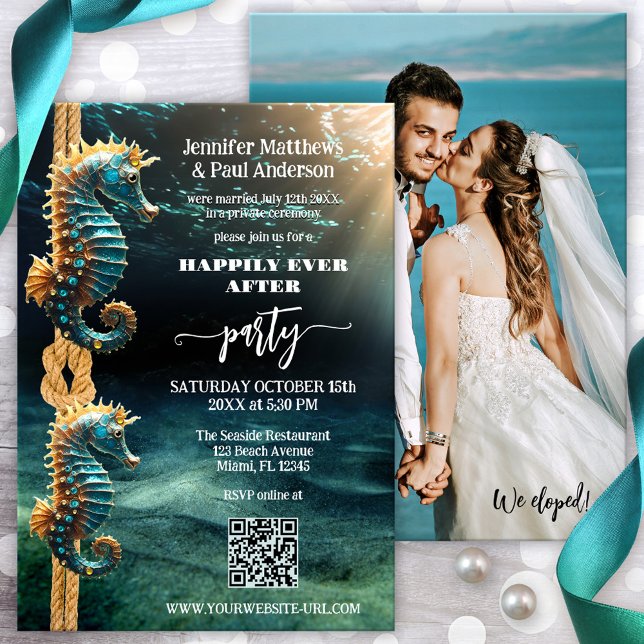 Convite Cavalos Felizes Depois Da Foto De Casamento (Happily ever after photo wedding invitation featuring seahorses in a magical ocean underwater world)
