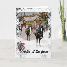 Convite cavalos negros inverno na fazenda xadrez neve