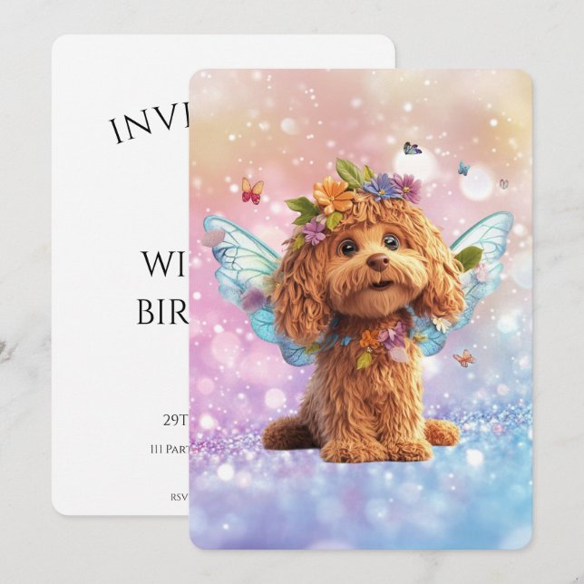 Convite Cavapoo Cavoodle Angel Fairy Birthday (Frente/Verso)