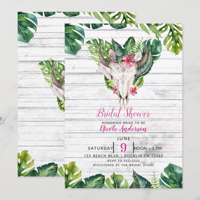 Convite Caveira Boho Folhas Florais Tropicais Madeira de P (Frente/Verso)