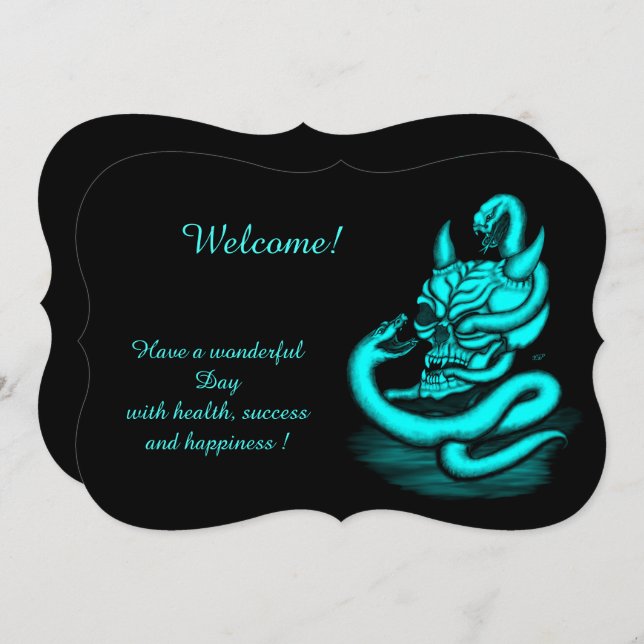 Convite Caveira - Cabeça Diabo com Cobra, Adicione Seu Tex (Frente/Verso)