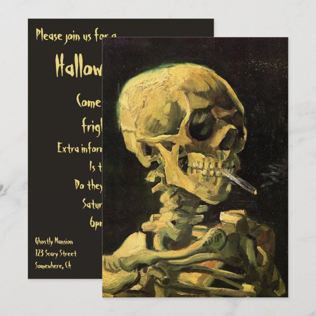 Convite Caveira com Cigarro Aceso de Van Gogh Halloween (Frente/Verso)