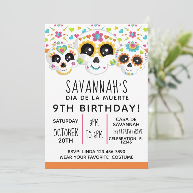 Convite Caveira de Açúcar Dia de La Morte Aniversário de H (Em pé/Frente)