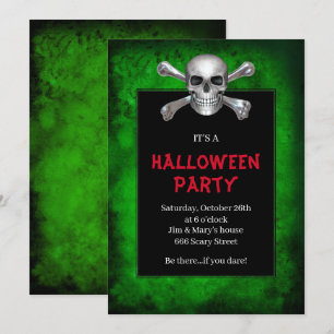Convite Caveira e Ossos Cruzados Festa de Halloween Verde 