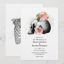 Convite Caveira Floral Rosa Casamento Gótico de Halloween