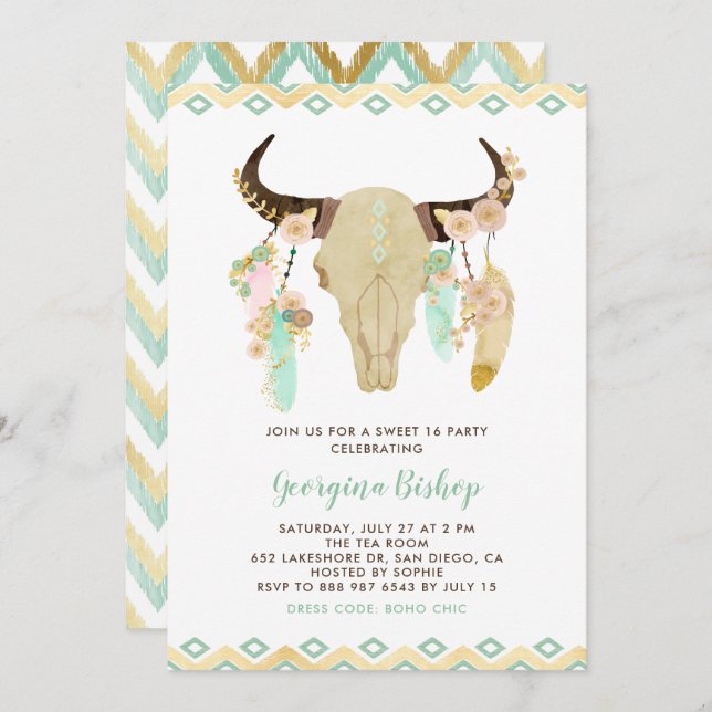 Convite Caveira Floral Tribal e Penas Doce Dezesseis (Frente/Verso)