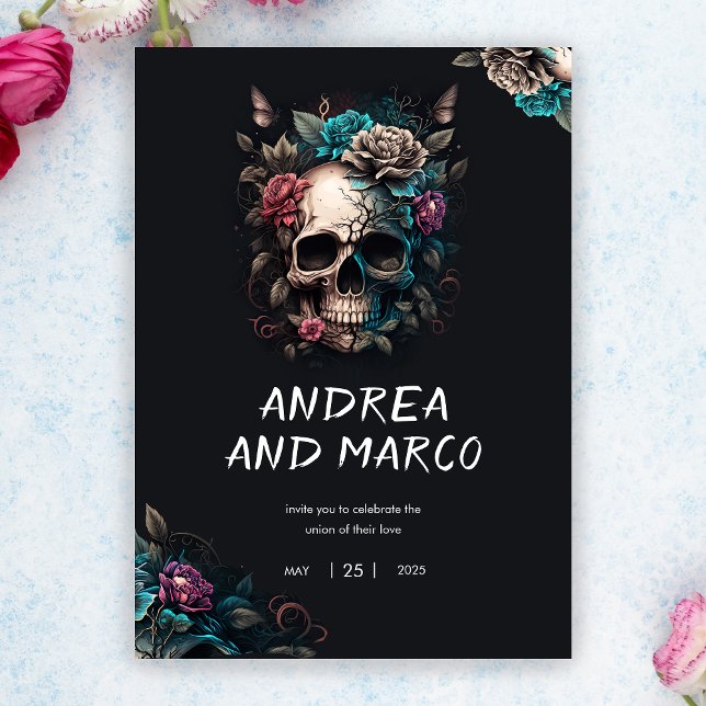 Convite Caveira Gótica Black and Purple Rock and Roll Wedd (Skull Tattoo Rock and Roll Gothic Wedding Invitation)
