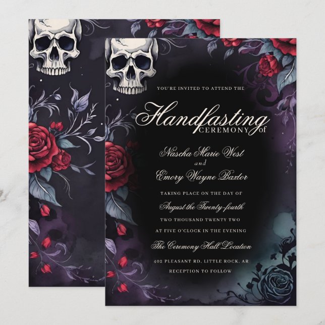 Convite Caveira Gótica & Rosas Roxas e Pretas Handfasting (Frente/Verso)