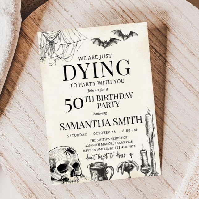 Convite Caveira Morrendo na Festa de aniversário do Dia da (Skull Dying to Party Gothic Halloween Birthday Party Invitation)
