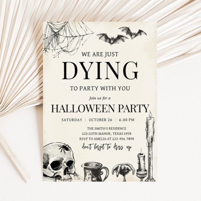 Convite Caveira Morrendo na Festa do Dia das Bruxas (Dying to Party Skull Skeleton Halloween Party Invitation)