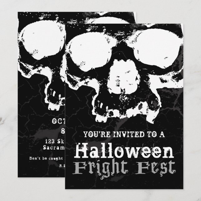 Convite Caveira Preto e Branco Festa de Terror de Hallowee (Frente/Verso)